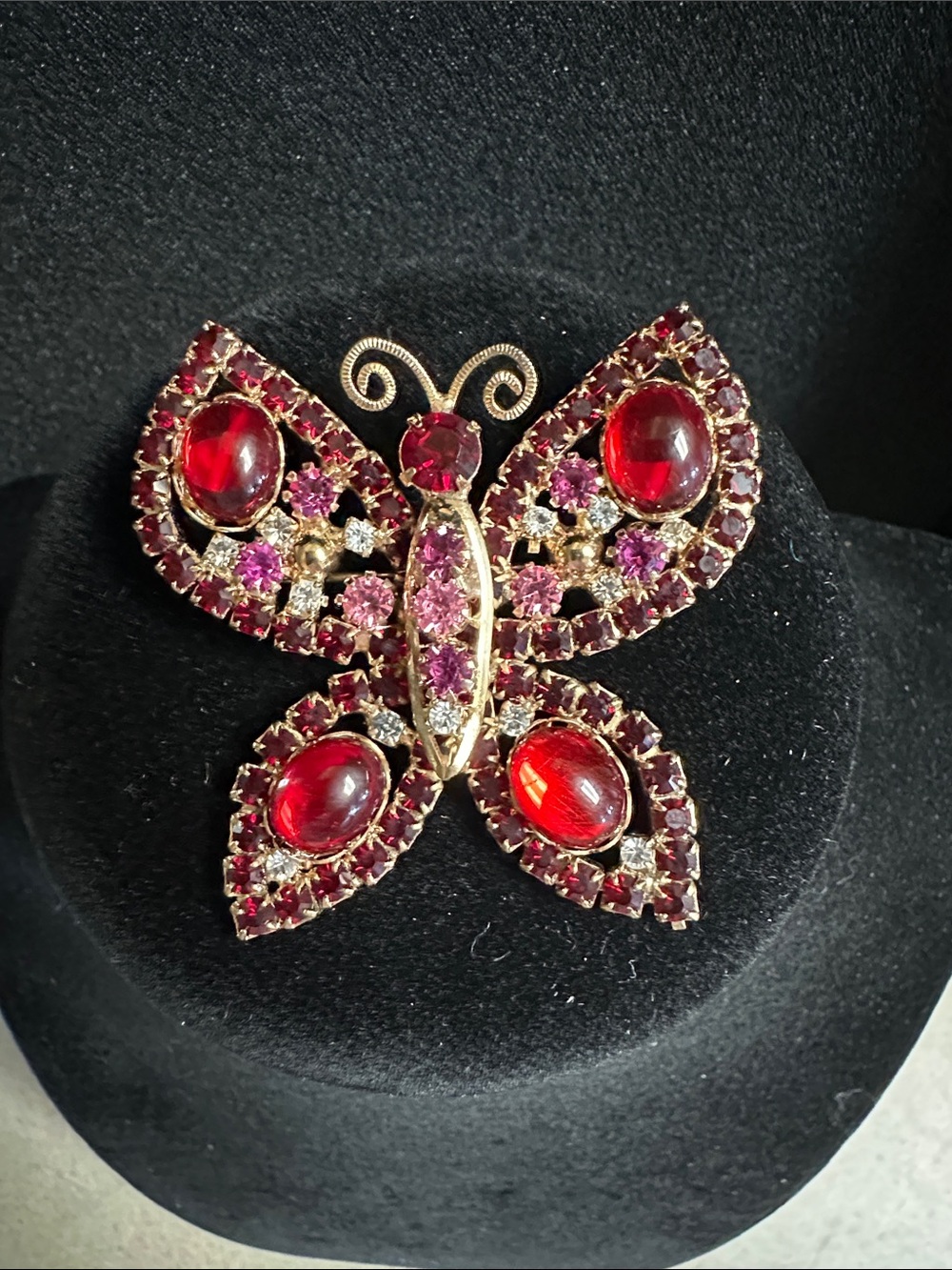 Vintage Gold-Tone Butterfly With Red & Pink Rhinestones Brooch